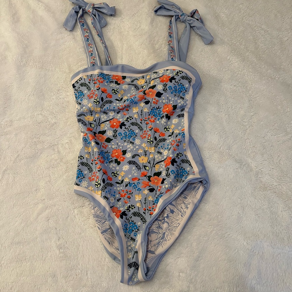 Light Blue Floral Tie-Shoulder One-Piece Swimsuit